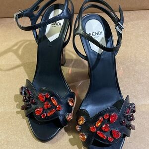 Fendi Leather Chrystal sandals with embellished ruby stones.